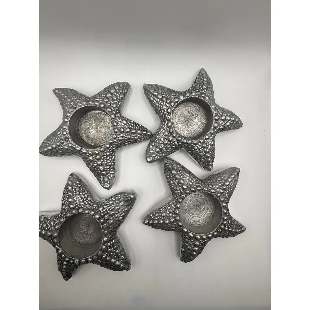 Set of 4 Silver Starfish Tealight Candle Holders Coastal Beach Nautical Decor